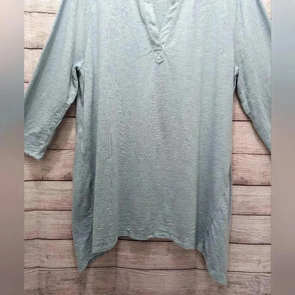 Chico’s Size 3 (US XL ) Split Neck Cotton Blend Tunic Top 3/4 Sleeve Blue Green - Picture 3 of 8